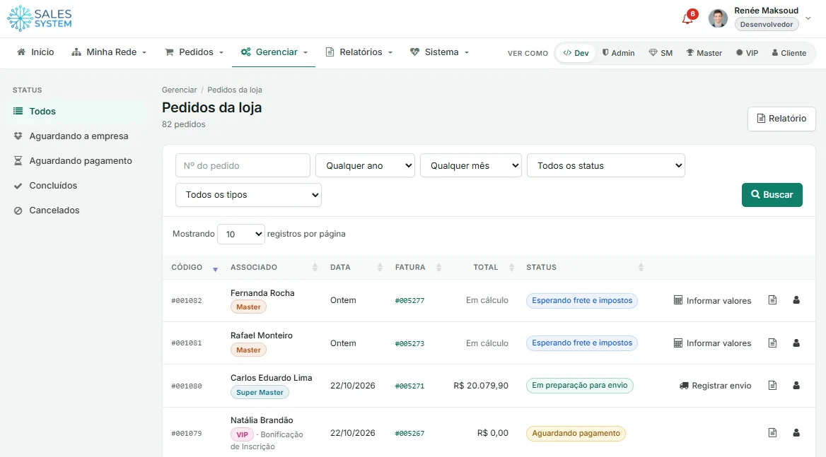 Tela de Pedidos da loja, com status de entrega de cada pedido